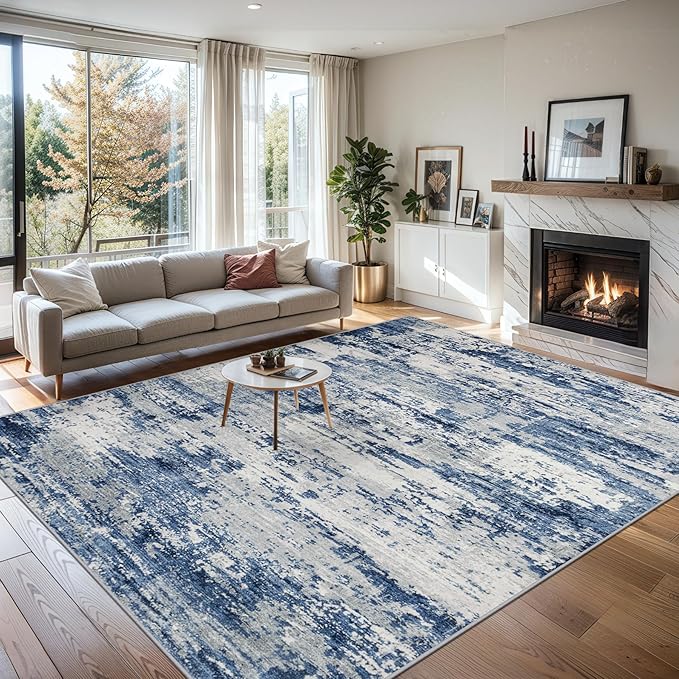 Area Rugs Living Room Rug - 5x7 Washable Modern Abstract Soft Neutral Non-Slip Carpet Large Indoor Floor Thin Carpets for Bedroom Dining Room Farmhouse Nursery Home Office Blue Gray