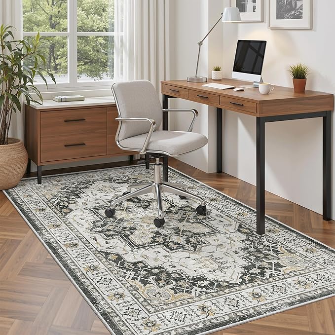 Madane Area Rug 4x6 Washable Rugs: Vintage Living Room Rug Soft Low Pile Non Slip Area Rugs Distressed Indoor Floor Carpet for Bedroom Kitchen Dining Room Home Decor, Black