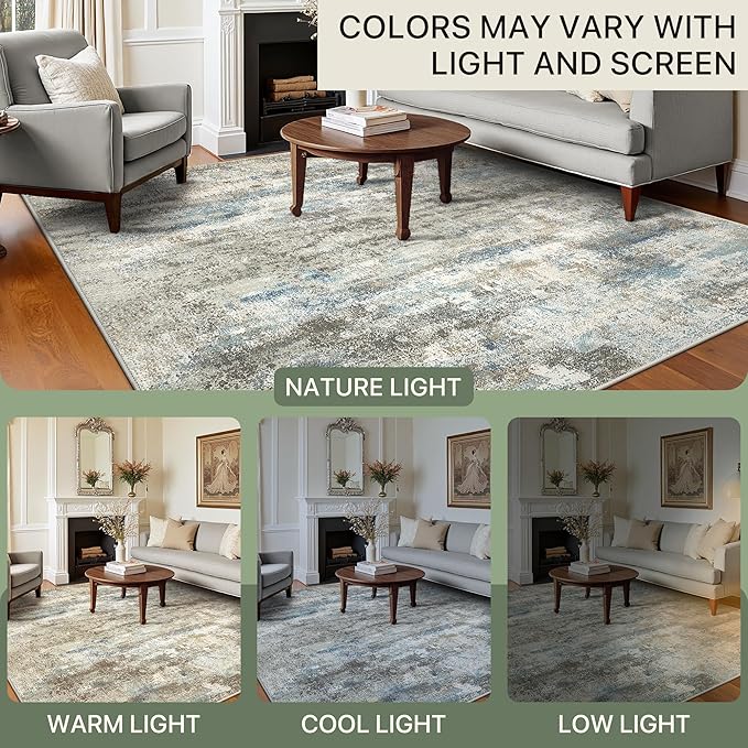 BEIMO Area Rugs 8x10 for Living Room Bedroom, Modern Abstract Machine Washable Rug, Large Soft Low Pile Floor Carpet with Non Slip Backing for Dining Room, Blue/Taupe
