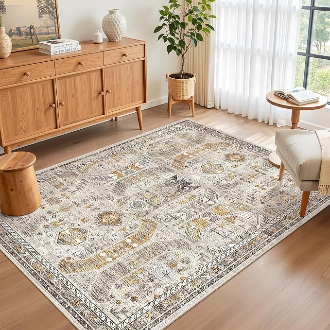 Madane Area Rug 3x5, Washable Entryway Rugs Printed Vintage Rugs for Bedroom Non Slip Indoor Kitchen Runner for Living Room Laundry Room Playroom Soft Non-Slip Floor Carpets, Brown/Gold