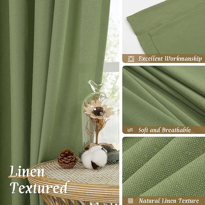 LAMIT 54 Inch Linen Curtains 2 Panels, Soft Faux Linen Light Filtering Panels Rod Pocket Farmhouse Privacy Drapes for Small Window/Loft Room, 42 x 54 Inch, Green