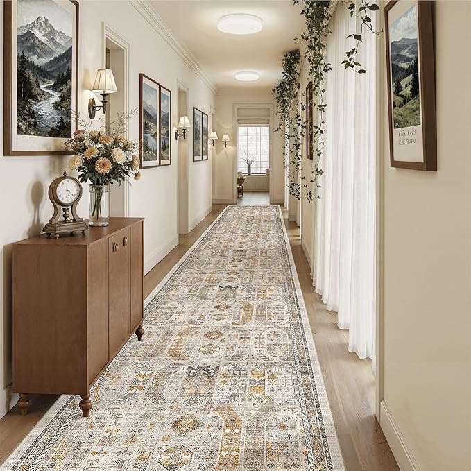 Madane 3x20 Hallway Runner Rug - Extra Long Carpet Runners for Hallways 20ft Non Slip Stain Resistant Rugs Runner for Living Room Bedroom 20 Feet Distressed Floor Carpet for Kitchen, Brown/Gold