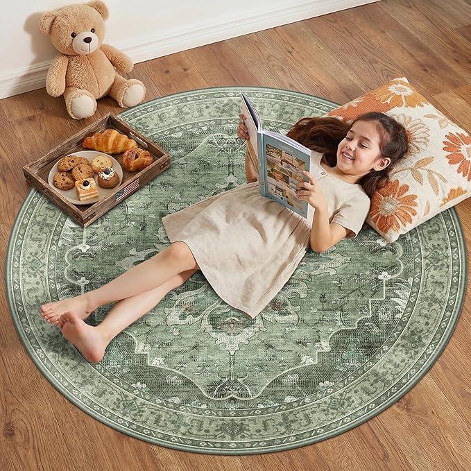 RELEANY Area Rugs 4ft Washable Non-Slip, Floral Vintage Distress Print Pattern Medallion Carpet for Living Room Bedroom Dining Room, Dark Green Gray