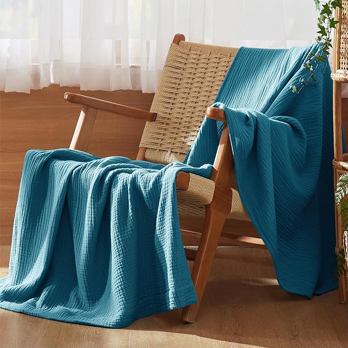 Bedsure 100% Cotton Muslin Throw Blanket Large 50x70 Inches - 4-Layer Breathable and Lightweight Thin Soft Summer Gauze Muslin Blankets for Adults, Teal, Boho Cotton Throw for Couch