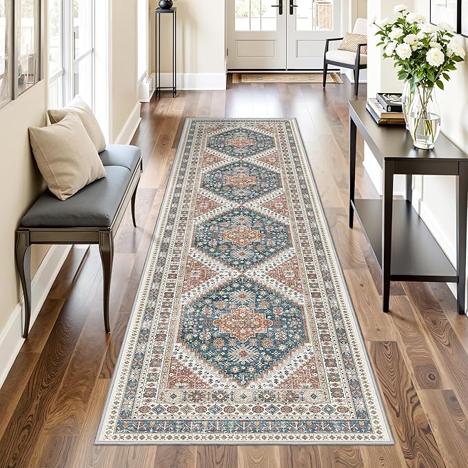 Runner Rug 2x8 Runners for Hallways Non Slip Washable, Vintage Hallway Runner Rugs for Living Room, Low Pile Soft Hallway Rug for Kitchen Bedroom Laundry Room Rug(Blue/Red,2'x8')