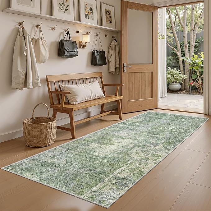 Runner Rug 2x5 Washable Non-Slip Kitchen Runner Rugs for Bathroom Laundry Room Green/Ivory Vintage Floor Carpet Runners for Hallway Entryway