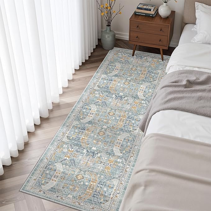 Madane Washable Runner Rug - 2x6 Rug Runners for Hallways 6 Feet Non Slip Vintage Kitchen Runner Rug Ultra-Thin Bathroom Runner Rugs Carpet Laundry Room Bedroom (2x6ft, Blue/Gold)