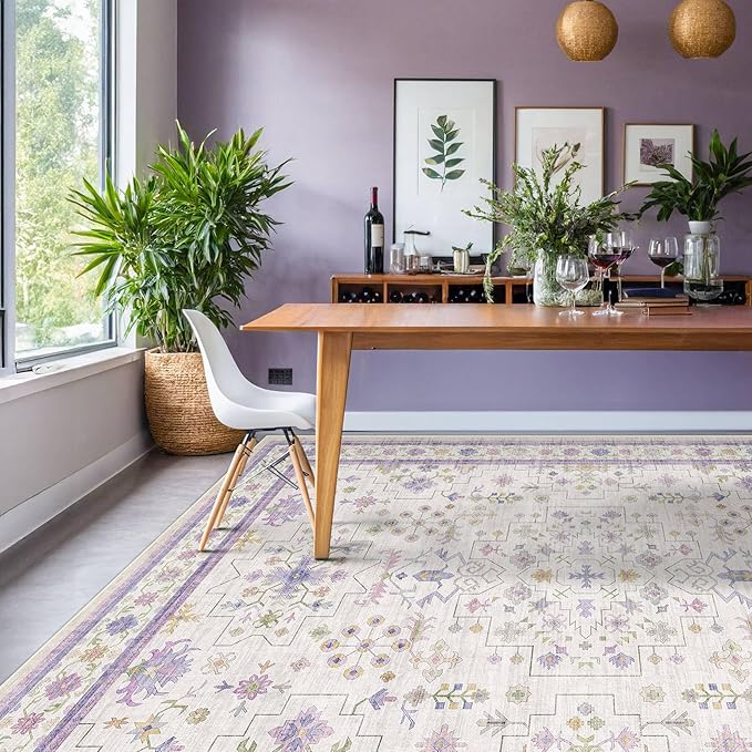 8x10 Large Lavender Rug for Bedroom, Floral Area Rug for Living Room, Dinning Room Under Table, Cute Fantasy Décor, Non Slip Low Pile Stain Resistant Washable Foldable Carpet