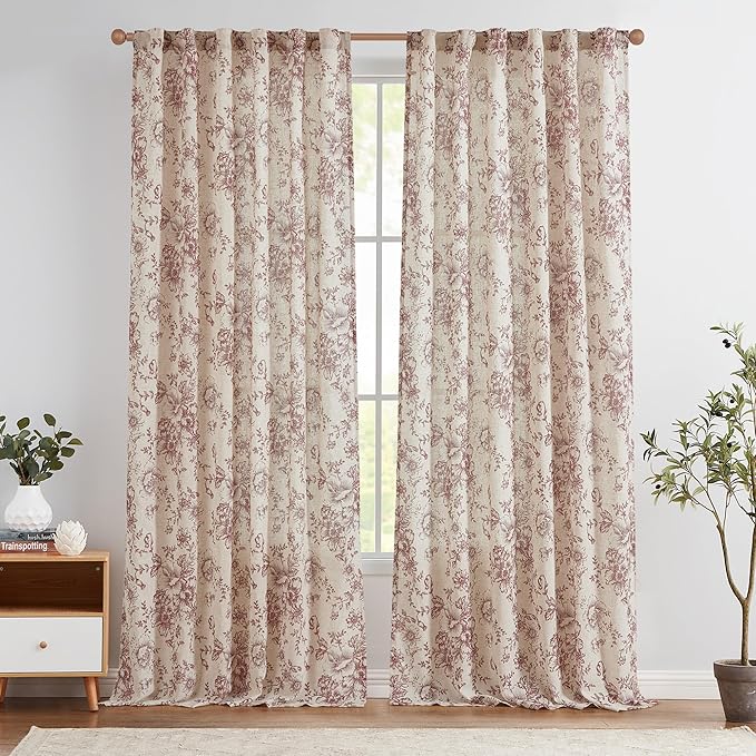 jinchan Linen Blend Curtain Floral Curtains for Living Room 96 Inch Length Farmhouse Brick Red Printed Curtain Rod Pocket Back Tab Peony Flower Patterned Drapes Curtains Set 2 Panels