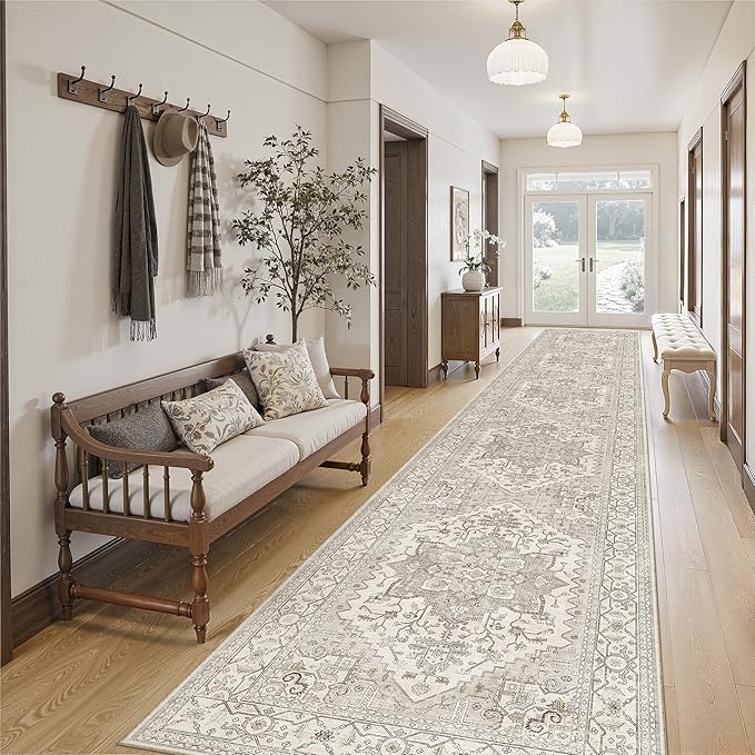 Madane Hallway Runner Rug 2'6''x14', Non Slip Vintage Runners for Hallways Washable Kitchen Rugs Soft Low Pile 2.5x14 ft Rug Runner for Laundry Room, Entryway and Bedroom, Beige/Brown