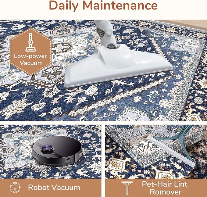 OPPODREAM Soft 6x9 Area Rugs, Washable Rug 6x9 with Non Slip Backing, Faux Cashmere Low-Pile 6 x 9 Carpet, Navy Blue & Gold