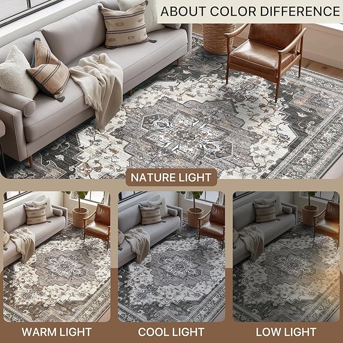 BEIMO Area Rugs 8x10 for Living Room Bedroom, Modern Vintage Machine Washable Large Dark Grey Rug Soft Rug, Low Pile Floor Carpet with Non Slip Backing for Dining Room