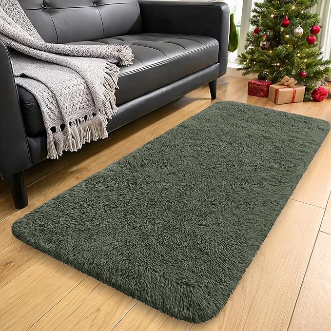 OLANLY 2x5 Machine Washable Runner Rugs for Hallway, Soft Fluffy Shaggy Bedside Rugs for Bedroom, Living Room, Indoor Floor Carpet for Kids Girls and Boys, Home Decor Aesthetic, Olive Green