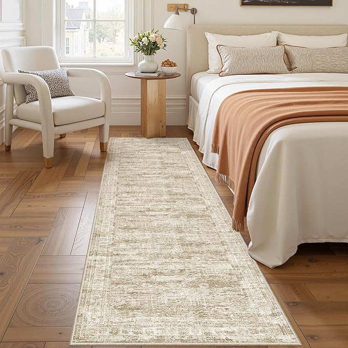 Rug Runners for Hallways Non Slip - 2x8 Runner Rug for Bedroom, Washable Runner with Rubber Backing, Soft Low-Pile Carpet for Kitchen, Laundry, Bathroom (2'x8', Brown/Ivory)