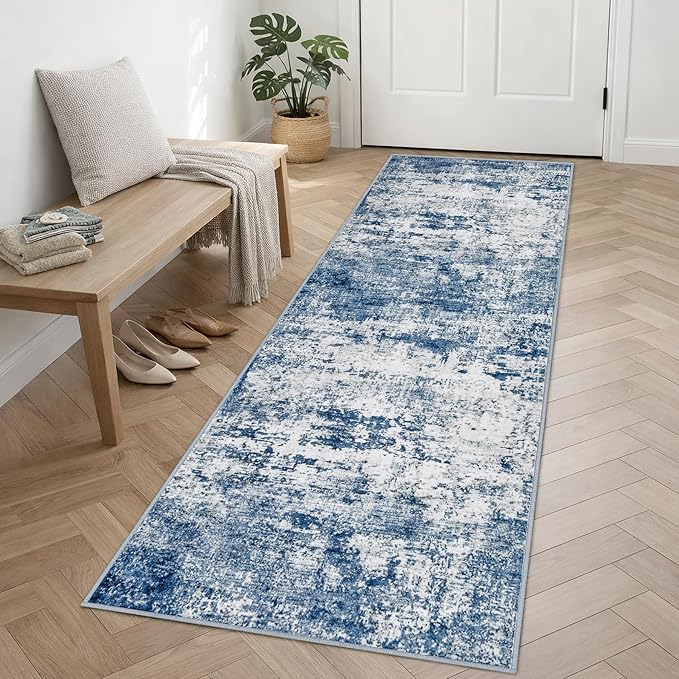 2.6'x8' Runner Rug Washable Rug;Modern Abstract Soft Thin Runner Rug Blue