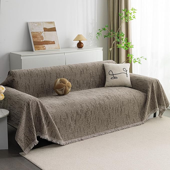 MYSKY HOME Couch Covers for 2 Cushion Couch Sectional Sofa, L Shape Sofa Protector Sand Chenille Couch Cover, Sofa Covers Washable Blanket with Tassel Pet Couch Cushion Cover, 71"X102"