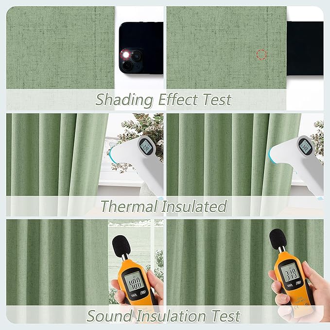 Guken Light Sage 100% Blackout Linen Curtains 96 Inch Length 2 Panels Set for Living Room Bedroom Back Tab/Rod Pocket Thermal Insulated Black Out Drapes Room Darkening Farmhouse Window Curtains