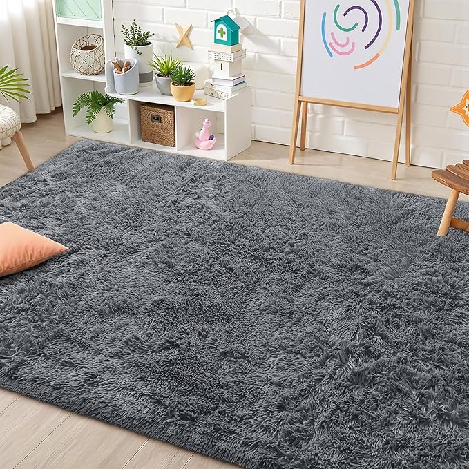 OLANLY Area Rugs for Living Room Bedroom, Machine Washable 4x5.9 ft Soft Fluffy Shaggy Bedside Rug, Indoor Floor Carpet for Kids Girls and Boys, Dorms, Nursery Rooms, Home Decor Aesthetic, Light Grey