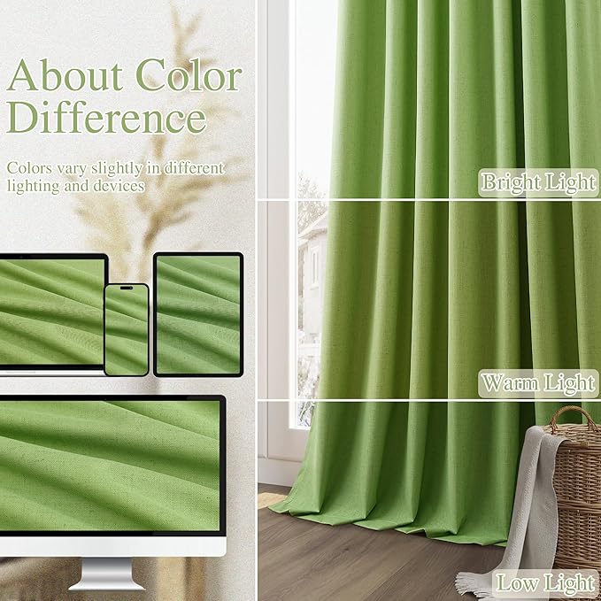 Guken 100% Blackout Curtains 84 Inch Length 2 Panels Set for Living Room Bedroom Back Tab Thermal Insulated Black Out Linen Drapes Room Darkening Lime Green,52x84