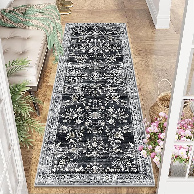 Yamaziot Washable Runner Rug 2x6 – Non Slip Boho Floral Hallway Runner Rug with Rubber Backing,Low Pile Faux Wool Distressed Carpet for Kitchen, Laundry, Bedroom, Entrance, Navy/Black