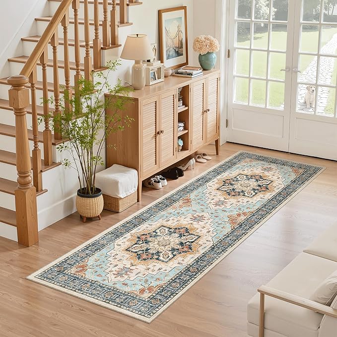 Madane Washable Runner Rug - 2x6 Rug Runners for Hallways 6 Foot Non Slip Vintage Kitchen Runner Rug Ultra-Thin Bathroom Runner Rugs Carpet Laundry Room Bedroom (2x6ft, Orange/Blue)