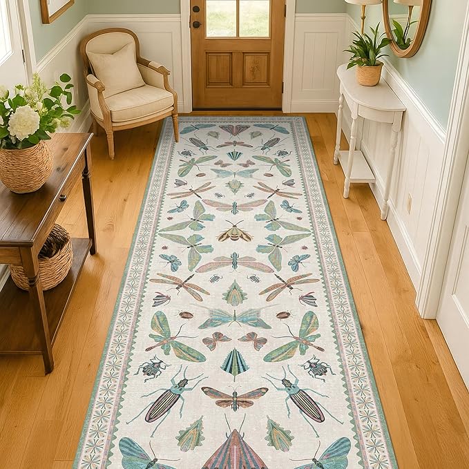 Insect Print 8ft Long Hallway Runner Rug - 2'6''x8' Light Green Rug for Kitchen Floor, Wide Entryway Runner Rug, Washable Non Slip with Rubber Backing, Cool Butterfly Indoor Decor