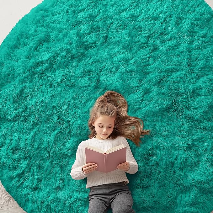 OLANLY Teal Green Round Rugs for Bedroom - Machine Washable, 8 ft Circle Area Rugs for Living Room, Soft and Fluffy Shaggy Carpet for Teen Girl and Boys, Nursery Rooms, Dorms, Home Decor Aesthetic