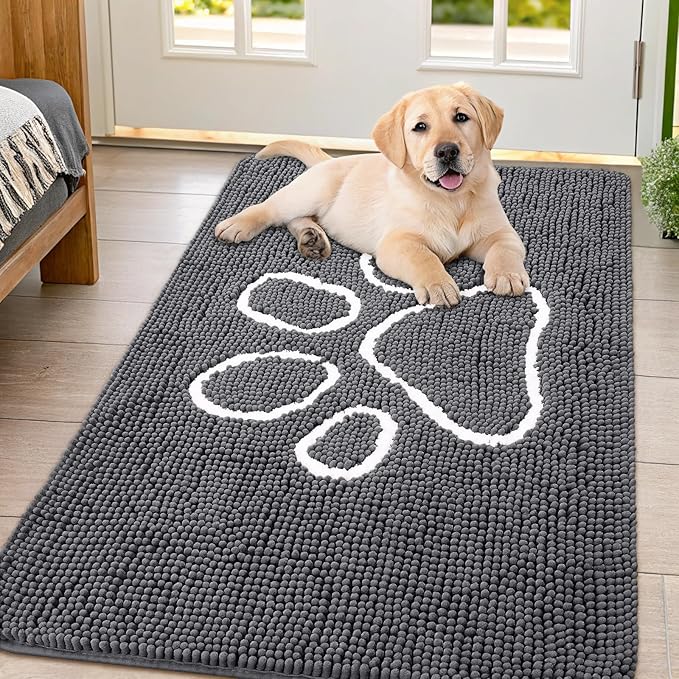 Smiry Dog Door Mat for Muddy Paws, Absorbent Dirt Trapper Non Slip Quick Dry Washable Chenille Mat for Mud Dogs, Entry Rug for Indoor and Outdoor (44x32 Inches, Dark Grey and White)