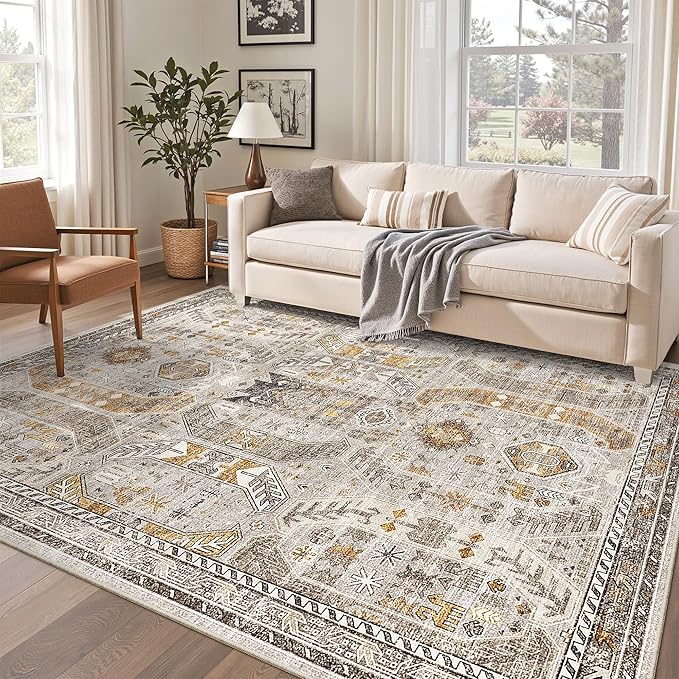 Madane 6x9 Area Rugs for Living Room, Stain Resistant Washable Rugs, Non-Slip Backing Area Rug, Vintage Home Decor Rug for Bedroom (Brown/Gold, 6'x9')