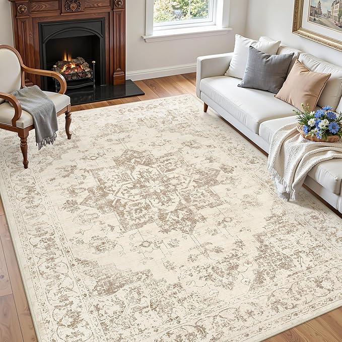 6x9 Area Rugs for Living Room: Vintage Boho Neutral Washable Rug Indoor Soft Large Area Rug Carpet for Bedroom Nursery Farmhouse Dining Room Office Floor Non-Slip Low Pile Under Table Rug Beige/Ivory
