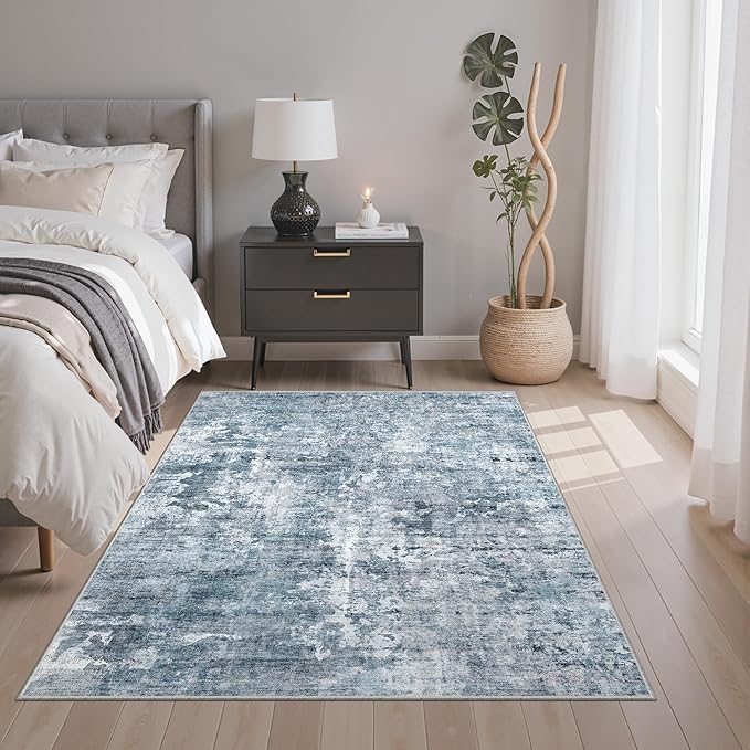 3x5 Rug, Small Area for Kitchen, Entryway, Machine Washable Non-Slip Throw Rug, Vintage Carpet for Nursery Coffee Table Blue