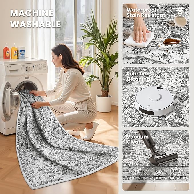 zesthome 8x10 Area Rugs for Living Room,Non-Slip Backing Washable Rugs,Vintage Large Area Rug，Stain Resistant Home Decor Rug (Grey/White,8'x10')
