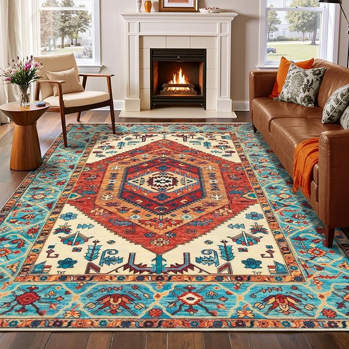 SERISSA Washable Rugs 6x9 Boho Area Rugs, Large Non-Slip Living Room Rug, Ultra Soft Vintage Oriental Tribal Farmhouse Orange Carpet for Dining Room Bedroom Dorm Office Home Decor