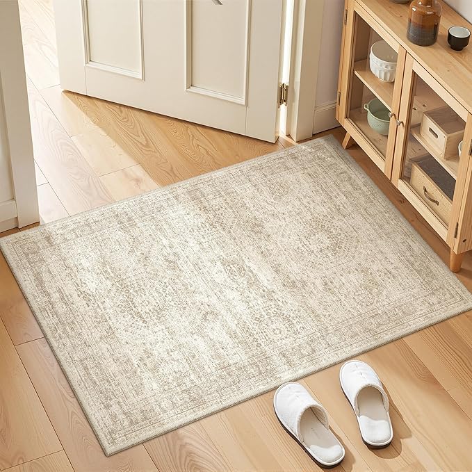 2x3 Washable Rug Runner for Bathroom, Soft Entryway Rug for Laundry Room, Kitchen, Vintage Abstract Hallway Runner for Bedroom, Anti-Slip Door Mat Indoor Entrance(2'x3', Beige/Ivory)