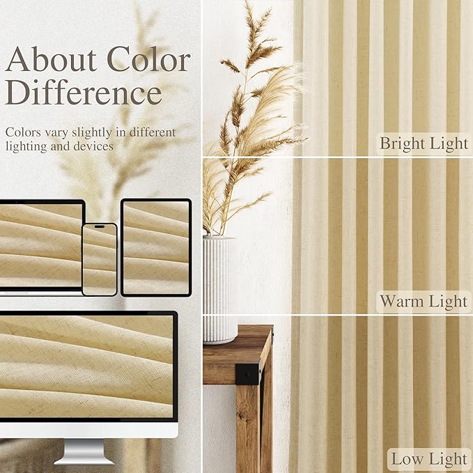 Nanspring Cream Yellow Linen Curtains 102 Inches Long for Living Room Light Filtering Modern Farmhouse Sheer Curtains Back Tab and Rod Pocket Curtain for Bedroom Office 52x102, 2 Panels