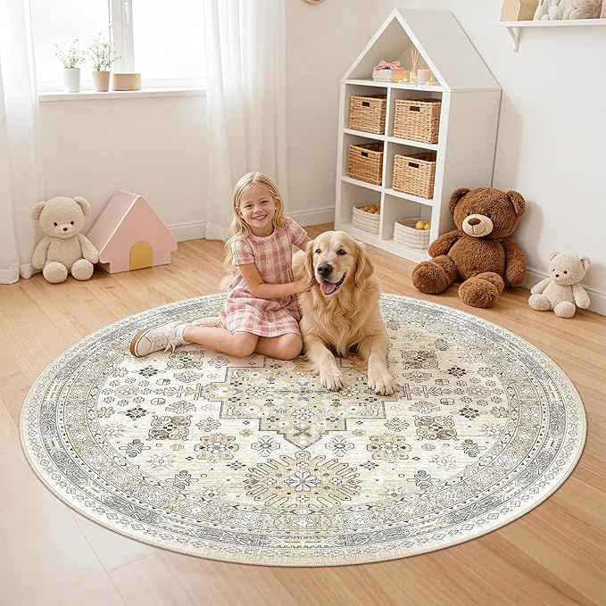zesthome Washable Round Rug - 5ft Ultra-Thin Circle Area Rugs, Vintage Non-Slip Low Pile Rug for Living Room, Stain Resistant Rug for Bedroom, Entryway, Kitchen, Nursery
