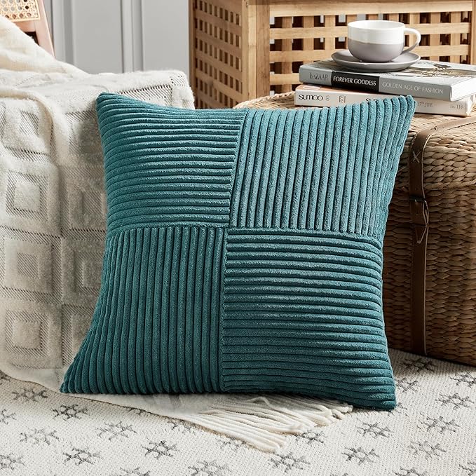 Fancy Homi 2 Packs Teal Big Decorative Throw Pillow Covers 24x24 Inch for Living Room Couch Bed, Rustic Farmhouse Boho Home Decor, Soft Corss Corduroy Patchwork Accent Square Cushion Case 60x60 cm