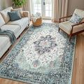 RELEANY Area Rugs 5'x8' Washable Non-Slip, Floral Vintage Distress Print Pattern Medallion Carpet for Living Room Bedroom Dining Room, Green Navy Blue White Red Teal Colorful