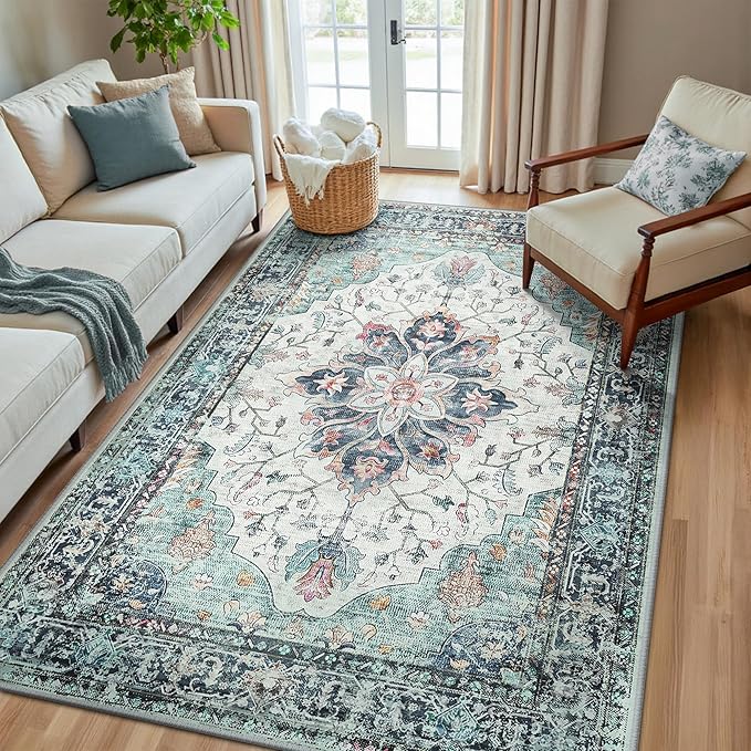 RELEANY Area Rugs 5'x8' Washable Non-Slip, Floral Vintage Distress Print Pattern Medallion Carpet for Living Room Bedroom Dining Room, Green Navy Blue White Red Teal Colorful