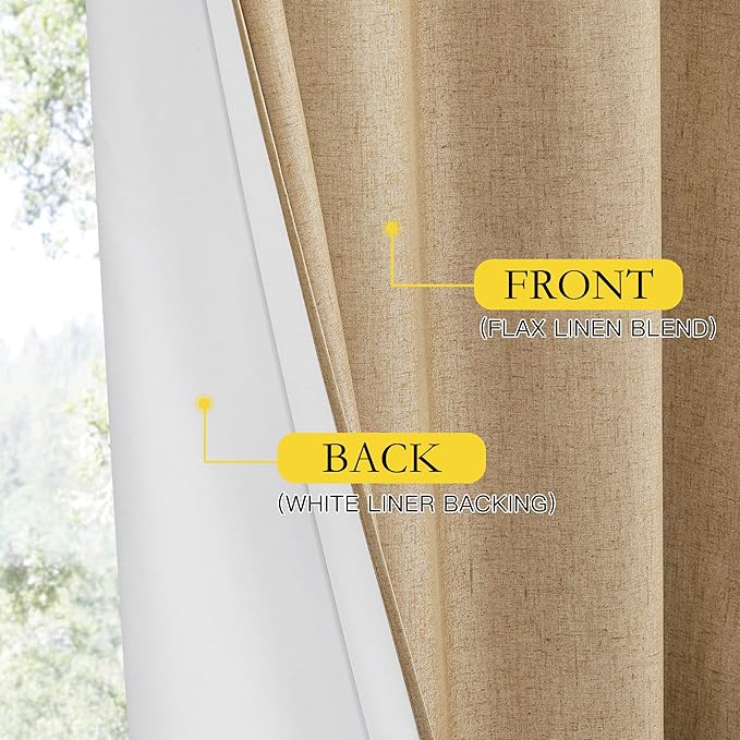 NICETOWN Camel High-End Thermal Flax Linen Curtains, 62" Wide Per Panel, Set of 2, Full Blackout Privacy Drapes 72" Long for Dining Room, Soundproof Window Treatment Panels for Hall Room
