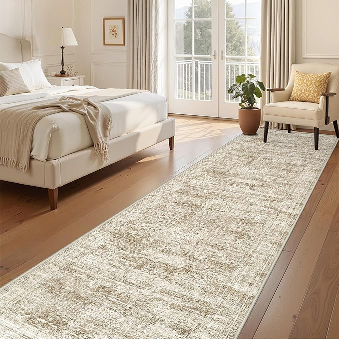 3x10 Runner Rug Non Slip Washable for Entryway, Vintage Hallway Runner for Front Porch, Laundry Room, Bedroom, Abstract Stain Resistant Thin Indoor Kitchen Mats for Floor(3'x10', Brown/Ivory)