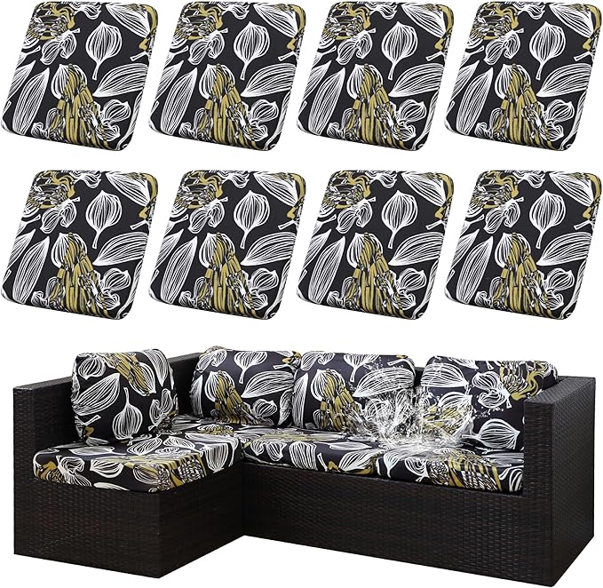 8Pcs Outdoor Cushion Covers, Patio Cushion Covers,Stretch Elastic Slipcovers, Replacement Washable & Reusable Furniture Protector for Patio Couch (Herbal-Pattern,Cover Only)
