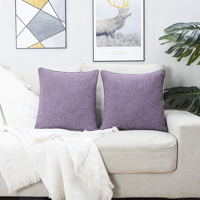 HPUK Linen Throw Pillow Covers Pack of 2, 18x18 Inch Accent Cushion Covers for Living Room, Bedroom, Decorative Solid Color Pillow Covers for Couch, Sofa, Chair, Lavender Mist