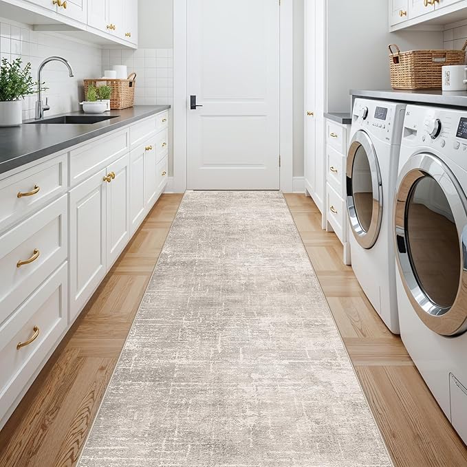 Hallway Washable Runner Rug - 2'6x14 Kitchen Rugs Stain Resistant Entryway Area Rug Abstract Soft Floor Mat Non-Slip Indoor Farmhouse Carpet for Bathroom Living Room Bedroom(2'6x14,Beige/Cream