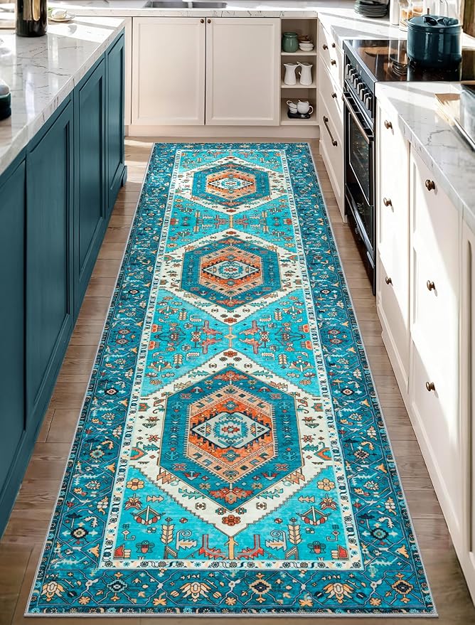 SERISSA Boho Washable Runner Rug, 2'6"x10' Rug Runner Non-Slip Vintage Blue Hallway Kitchen Runner Rug Ultra Soft Print Distressed Tribal Floor Carpet Runner for Bedroom Bathroom Laundry Room