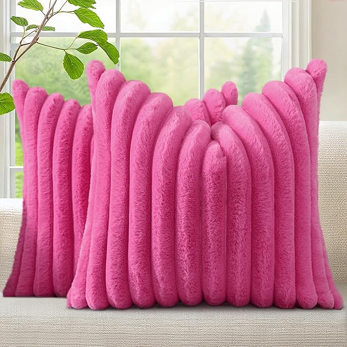 decorUhome Summer Cozy Faux Fur Throw Pillow Covers 24x24 Set of 2 Decorative Soft Plush Striped Modern Farmhouse Boho Couch Euro Sham Pillow Cases with Velvet Back for Sofa Bed Living Room, Hot Pink