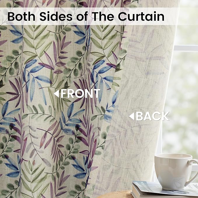 Yakamok Farmhouse Linen Curtains for Living Room 84 Inches Long,Texture Curtains Blue and Purple Grommet Leaves Plant Pattern Bedroom Curtain 2 Panels
