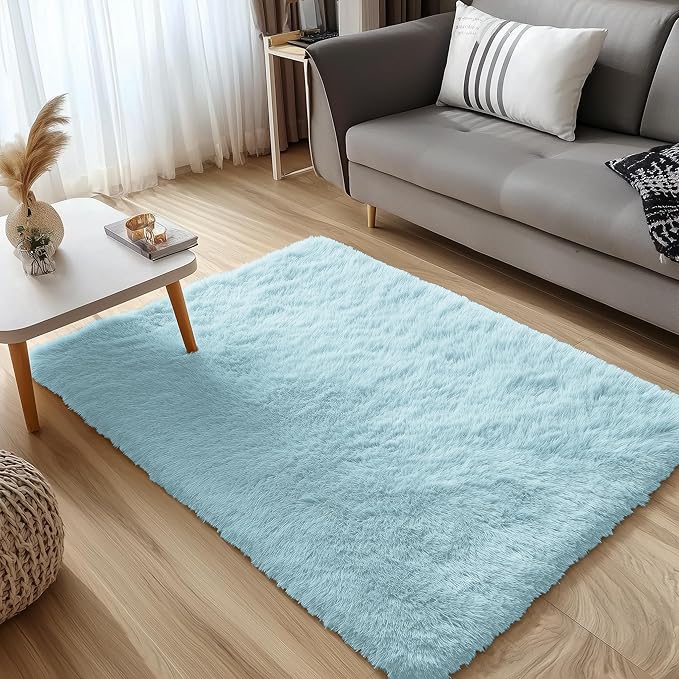 OLANLY 3x5 Machine Washable Small Bedside Rug, Soft Fluffy Shaggy Rugs for Living Room, Bedroom, Indoor Floor Carpet for Kids Girls and Boys, Preppy Dorms, Nursery, Home Decor Aesthetic, Light Blue