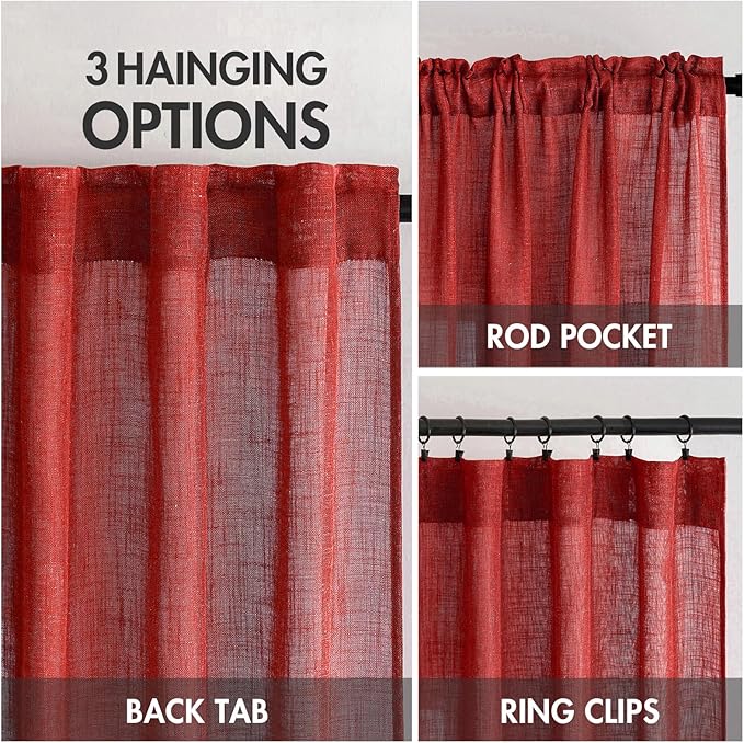 MIULEE Red Linen Short Curtains 63 Inch Length 2 Panels for Kitchen Bedroom, Christmas Soft Thick Linen Textured Window Drapes Living Room Semi Sheer Light Filtering Back Tab Burlap Look Decor