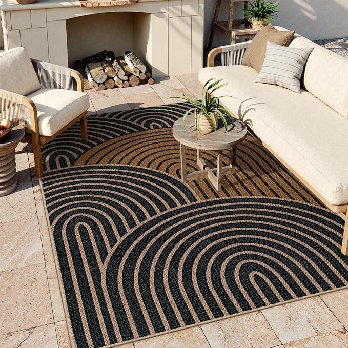 Lahome Enfys Modern Rainbow Easy Jute Carpet, Washable Rugs 5x7 for Living Room Black Farmhouse Dining Room Rug, Contemporary Natural Throw Mat Non Slip Floor Carpet for Office RV Patio